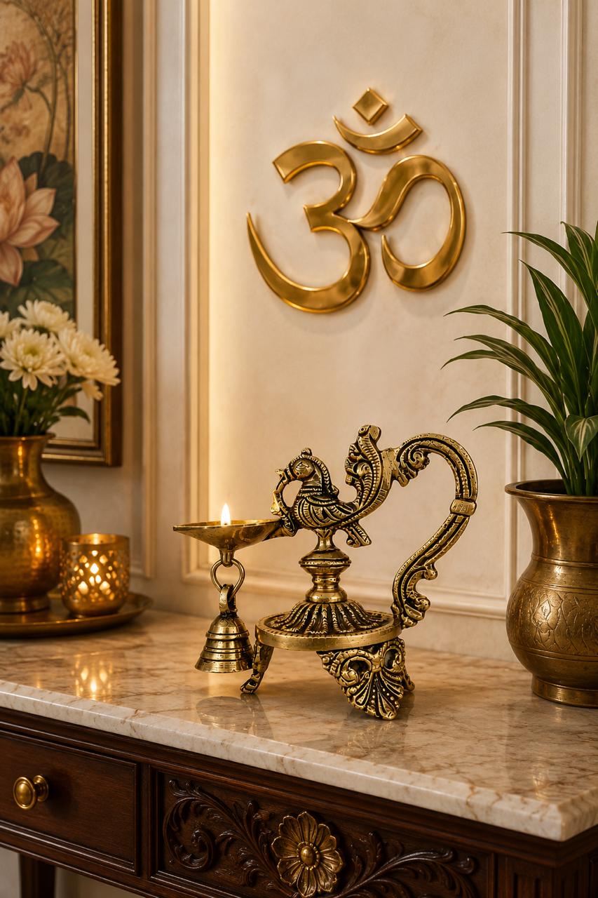 Mayur Deepam – Handcrafted Brass Peacock Diya with Bell