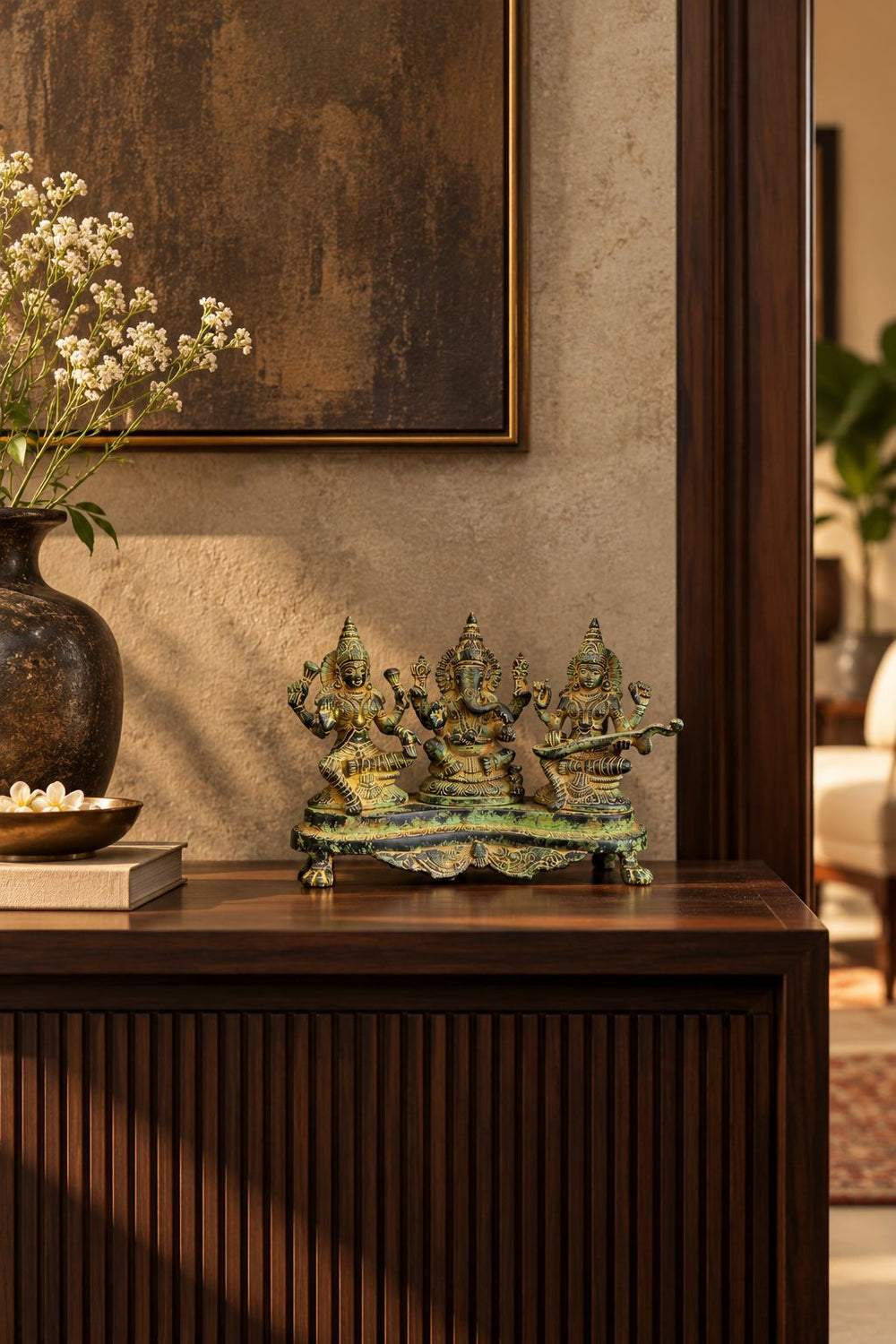 Antique Brass Ganesha, Lakshmi & Saraswati Idol – Green Patina