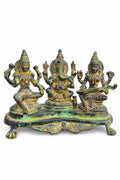 Antique Brass Ganesha, Lakshmi & Saraswati Idol – Green Patina
