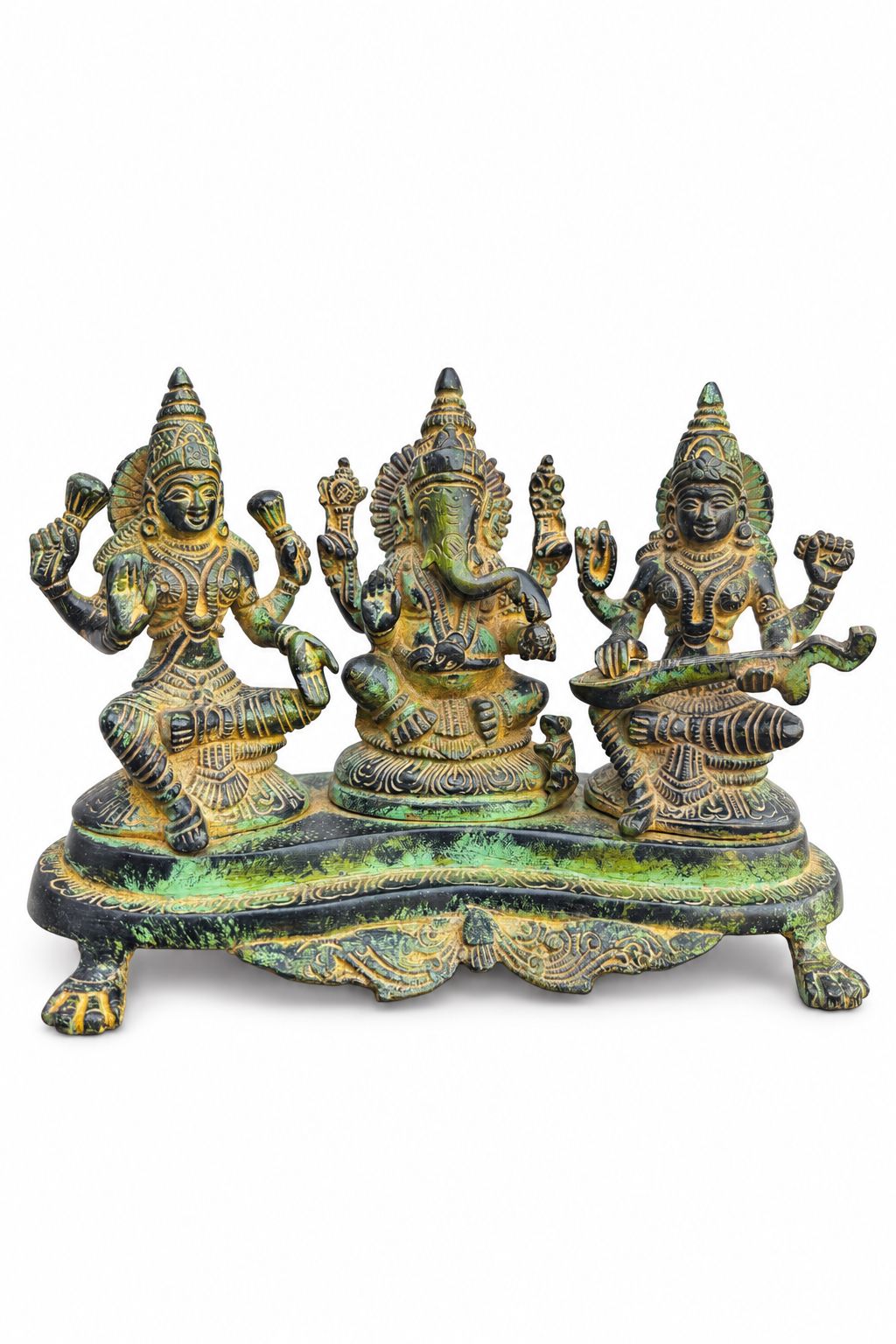 Antique Brass Ganesha, Lakshmi & Saraswati Idol – Green Patina
