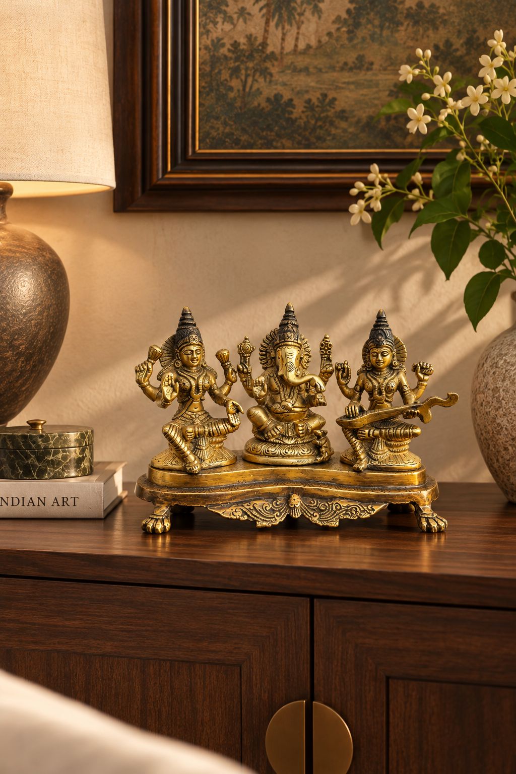 Antique Brass Ganesha, Lakshmi & Saraswati Idol – Golden Finish
