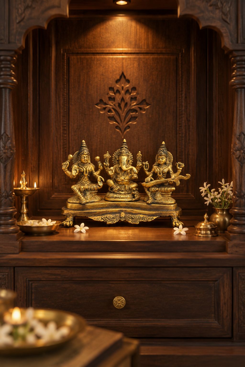 Antique Brass Ganesha, Lakshmi & Saraswati Idol – Golden Finish