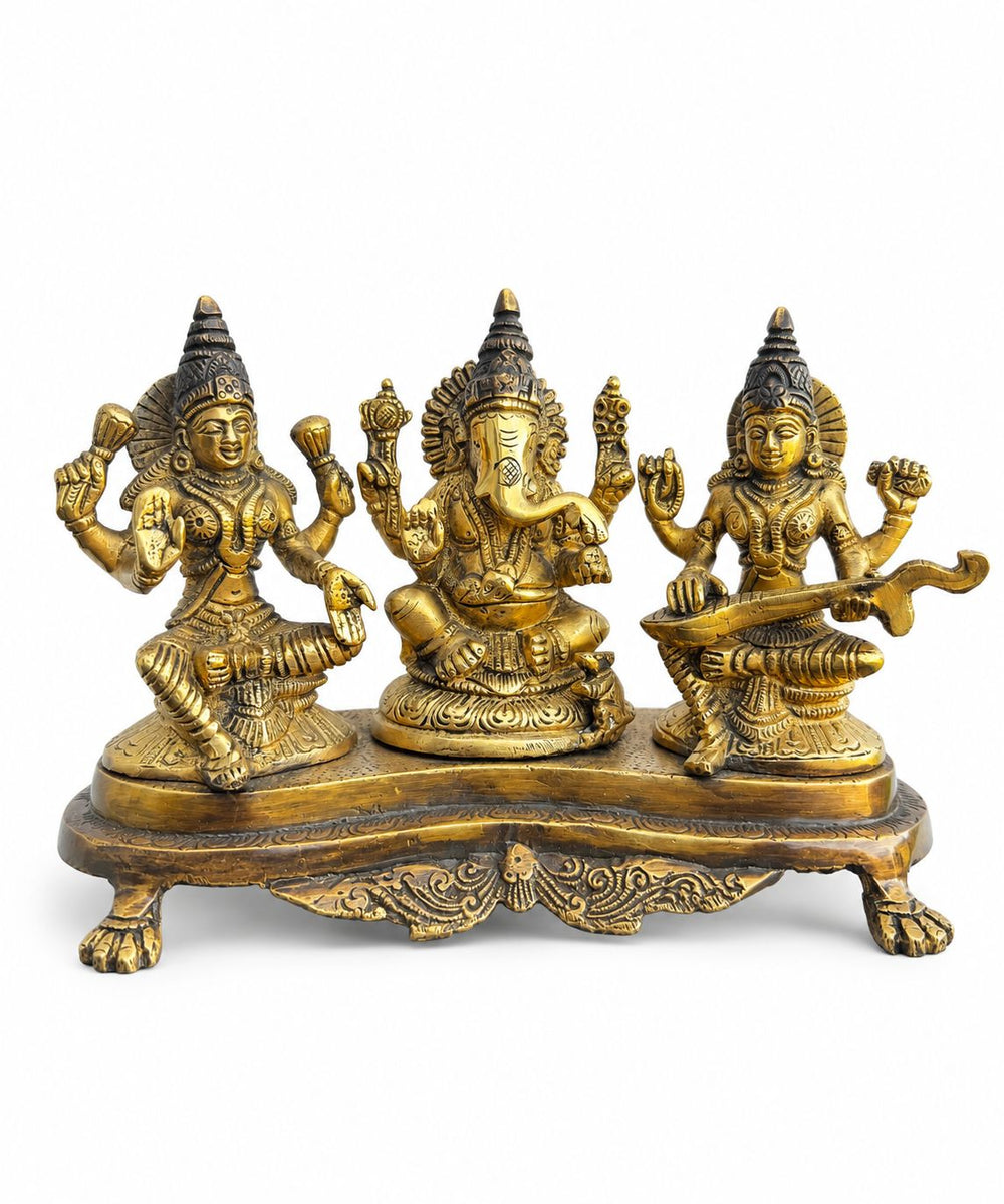 Antique Brass Ganesha, Lakshmi & Saraswati Idol – Golden Finish