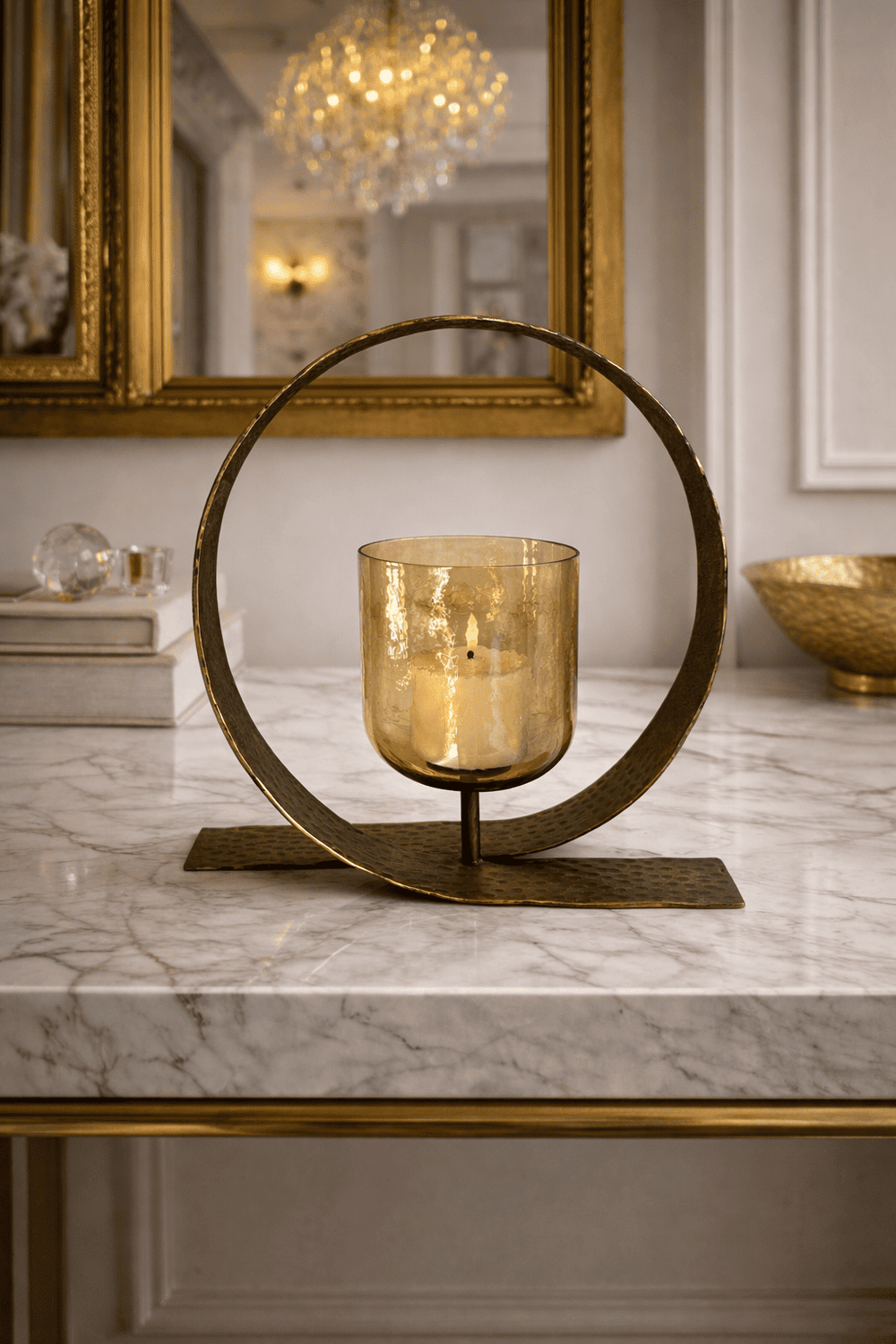 Sculptural Brass Votive Holder with Amber Cup