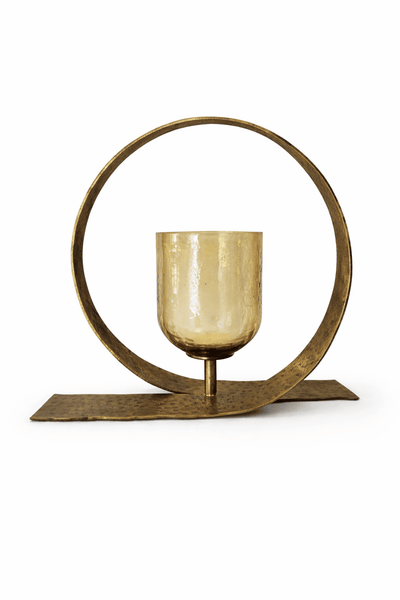 Sculptural Brass Votive Holder with Amber Cup