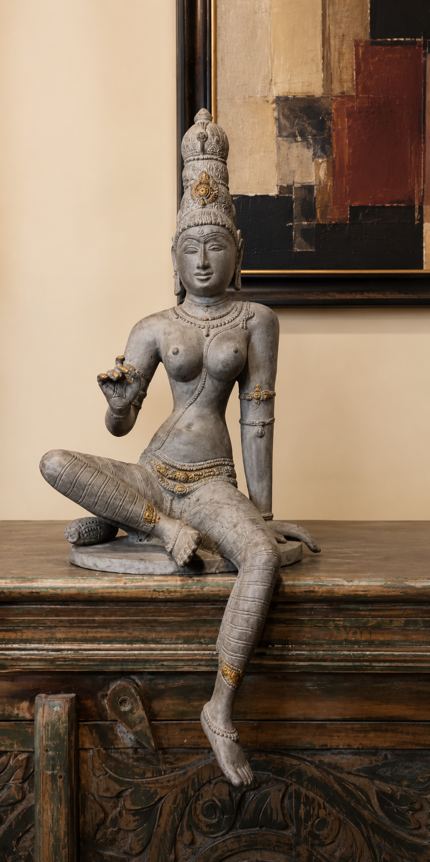 Reproduction of Grey Chola Parvati in 20 inch in Lalitasana - (Inspired by Chola bronzes of Goddess Parvati)