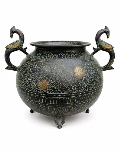 Peacock-Handled Heritage Pot | Hand-Engraved Decorative Urn