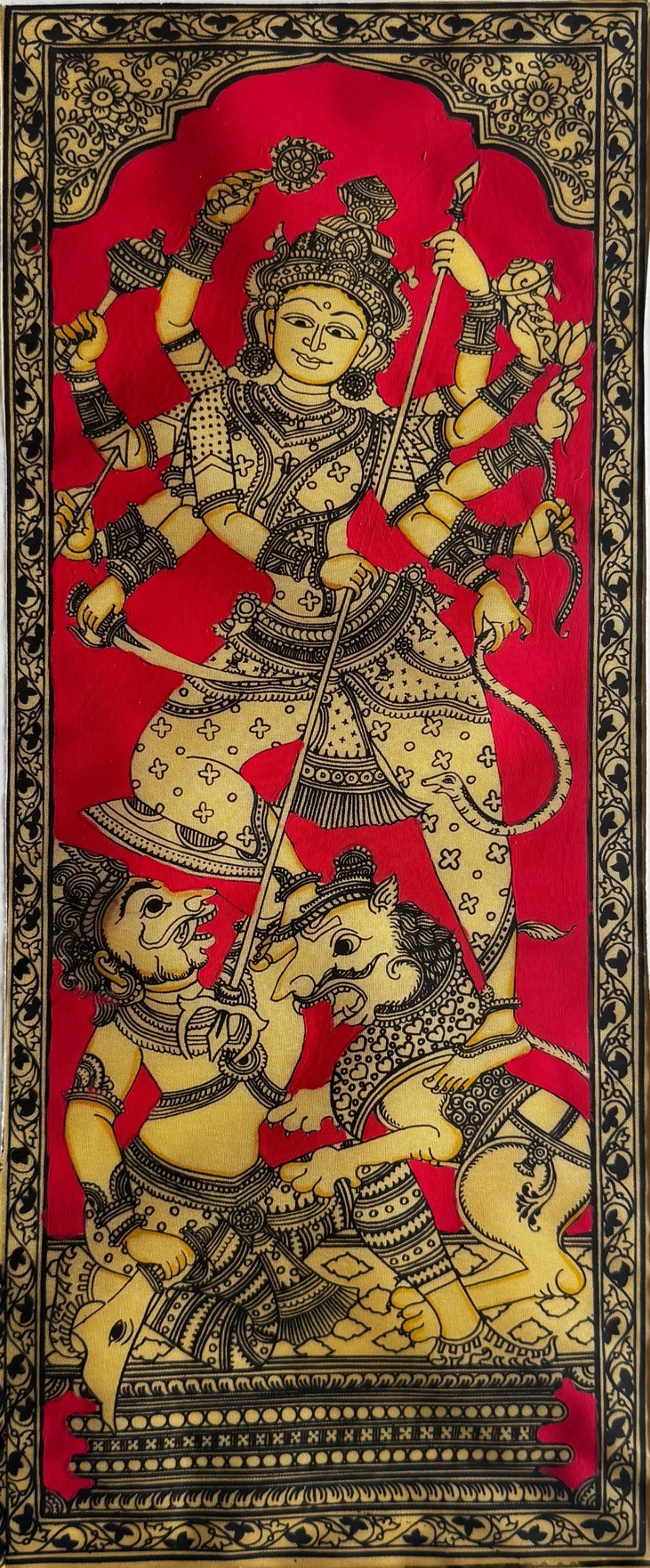 Durga Slaying Mahishasura Pattachitra Painting in Red – By a National Awardee (Unframed)