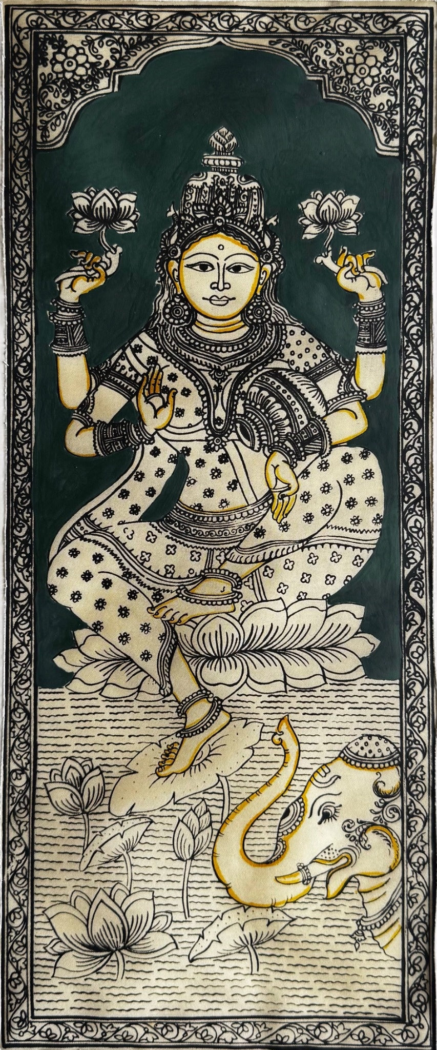 Gajalakshmi in Pattachitra Painting in Green – By a National Awardee (Unframed)