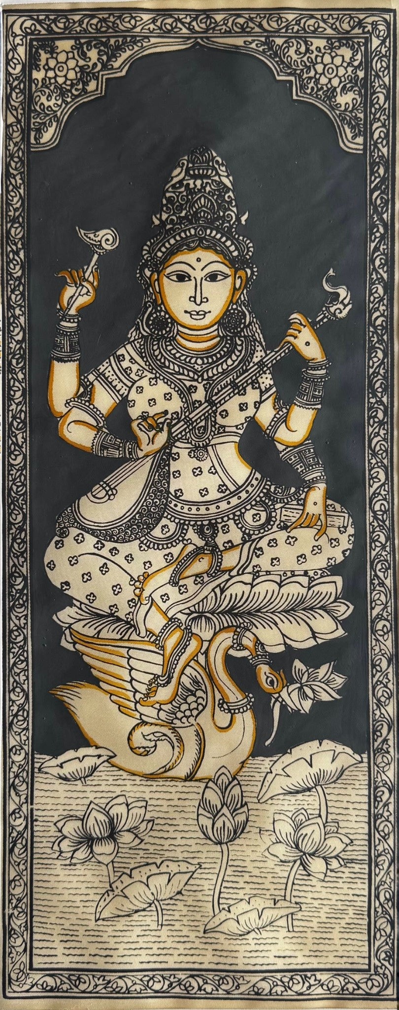 Maa Saraswati on Swan in Pattachitra Painting – By a National Awardee (Unframed)