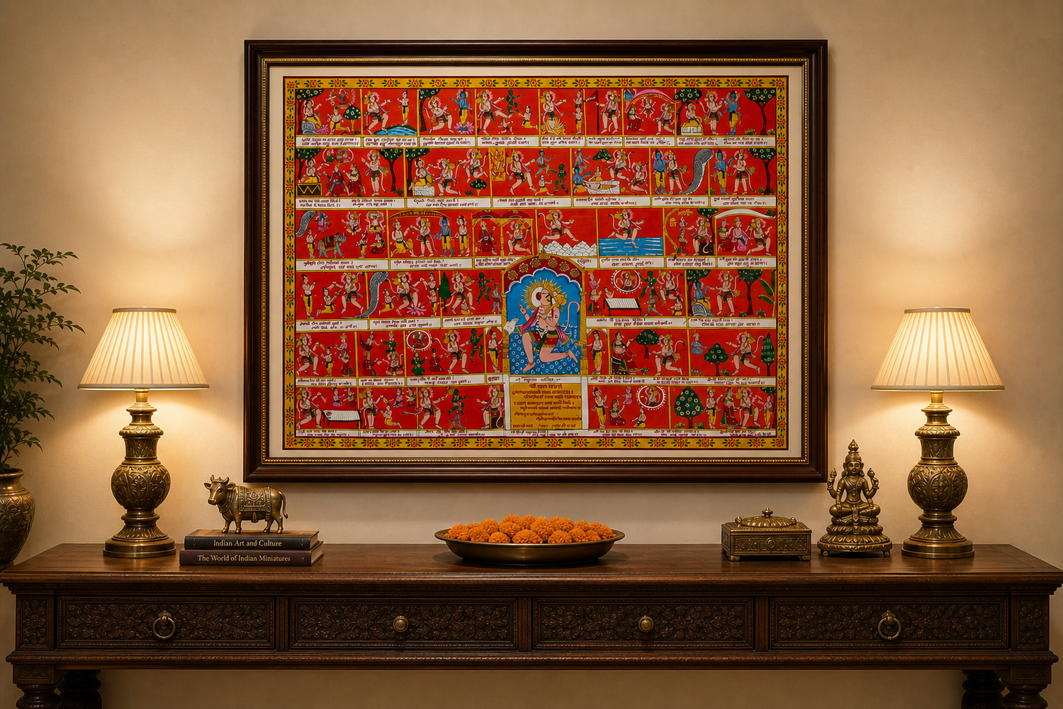 Shree Hanuman Chalisa Phad Painting in Kesari Background - Unframed (Original by a National Awardee)