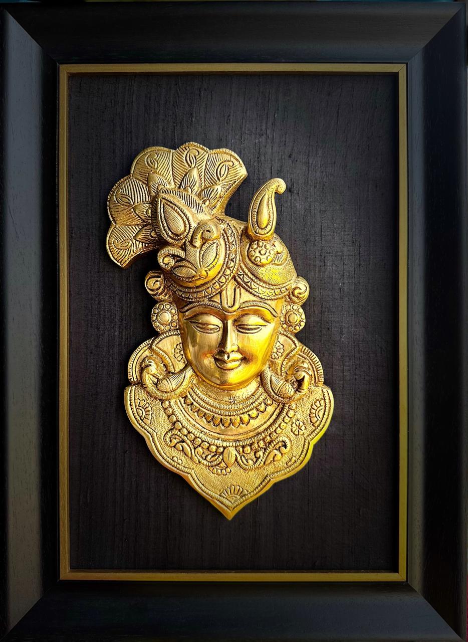 Krishna Wall Art Framed with Black Raw Silk