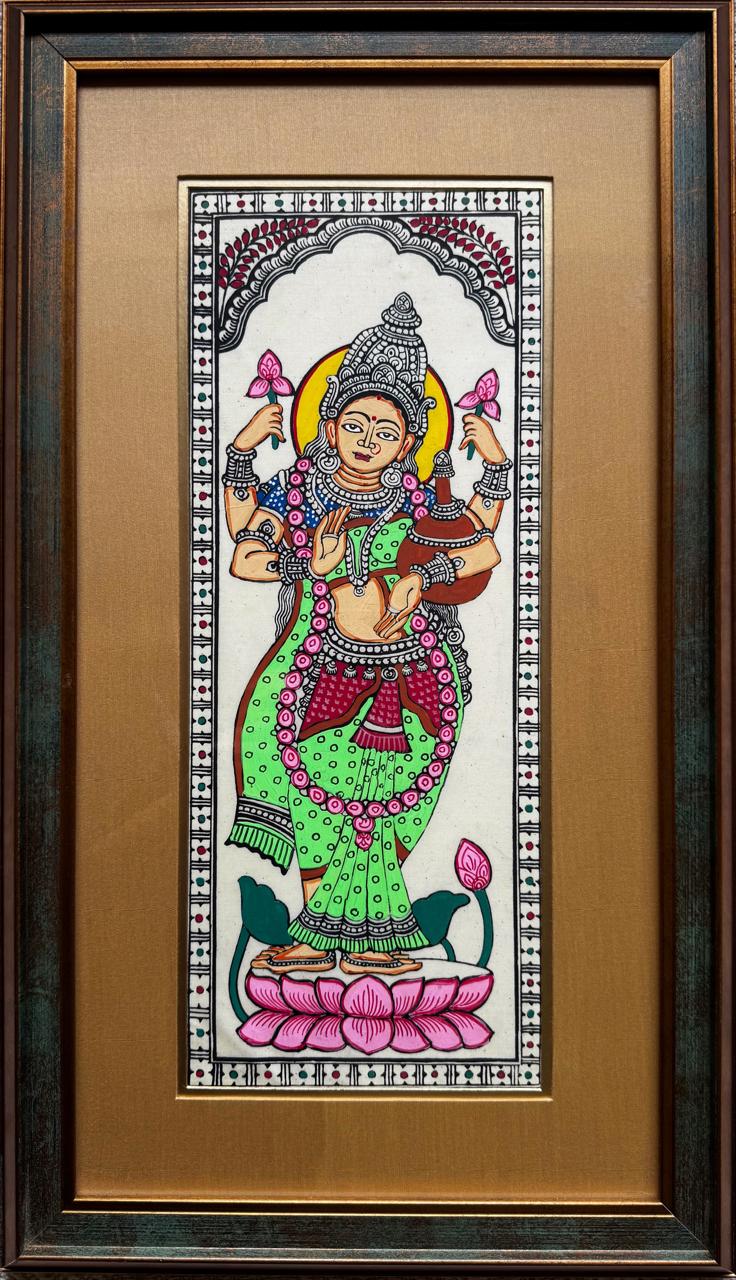 Lakshmi on Lotus - Pattachitra Painting by a National Awardee (Framed)