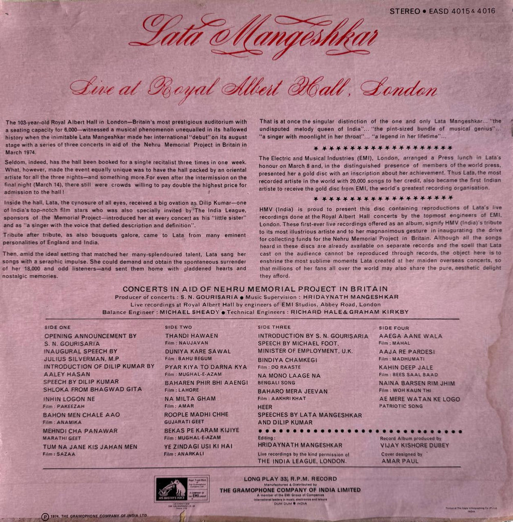 Lata Live Concert at Royal Albert Hall London 1974 Double LP Vinyl Record (Pre-Loved VG)