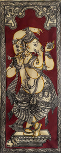 Dancing Ganesha in Pattachitra Painting in Maroon – By a National Awardee (Unframed)