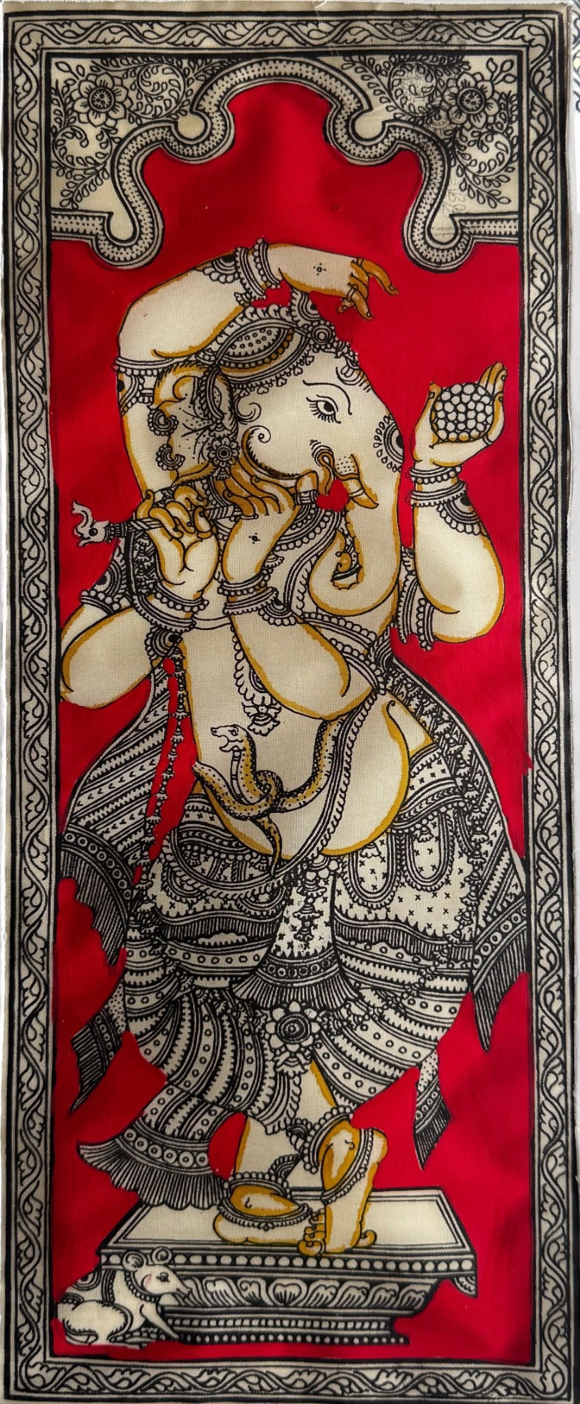 Ganesha in Nritya Mudra in Pattachitra Painting in Red – By a National Awardee (Unframed)