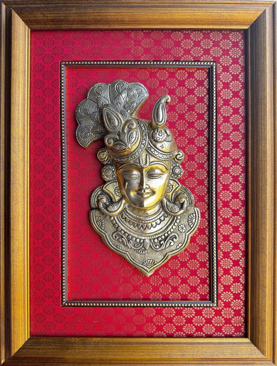 Krishna Relief Panel Framed in Red Brocade