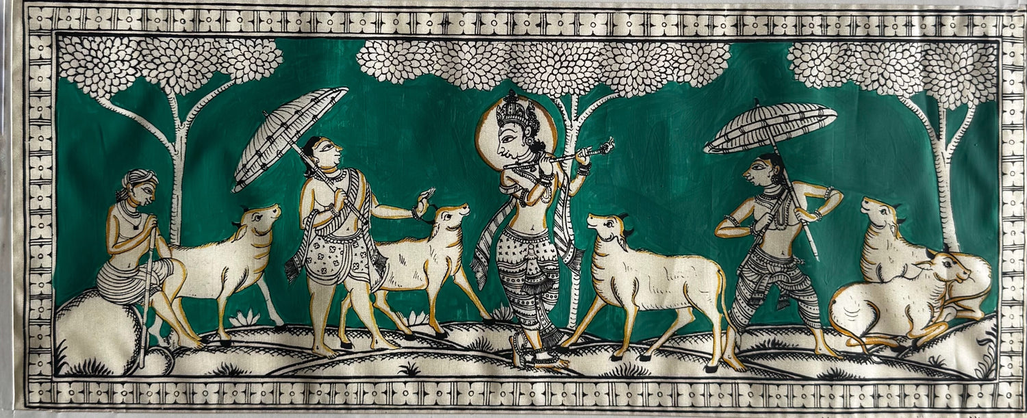 Krishna with Cows in Pattachitra Painting – By a National Awardee (Unframed)