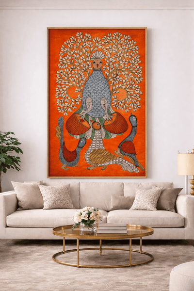 The Musical Peacocks Gond Painting by Renowned Artist (Unframed)