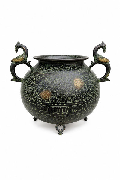Peacock-Handled Heritage Pot | Hand-Engraved Decorative Urn