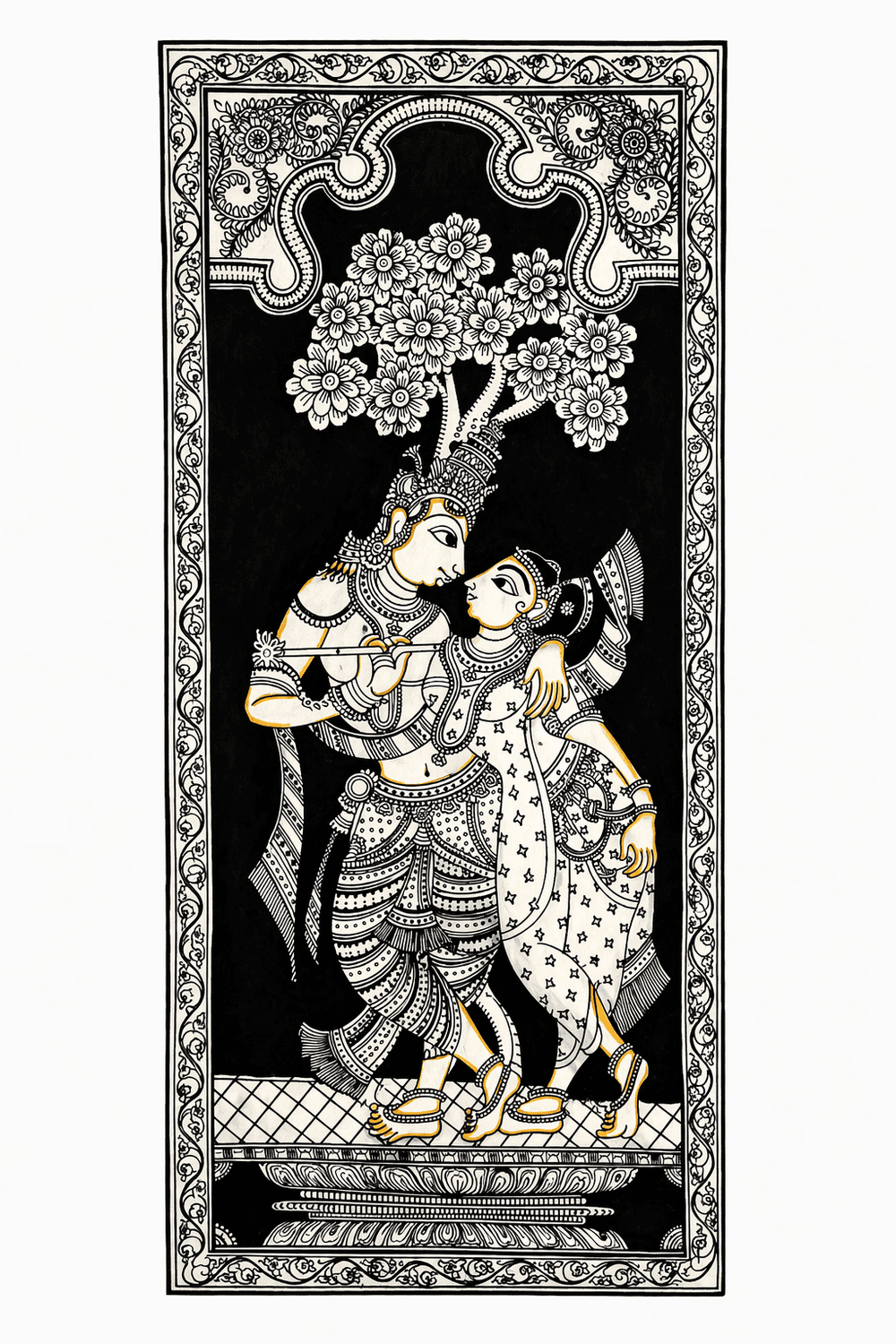 Radha Krishna under the Tree in Pattachitra Painting in Black – By a National Awardee (Unframed)