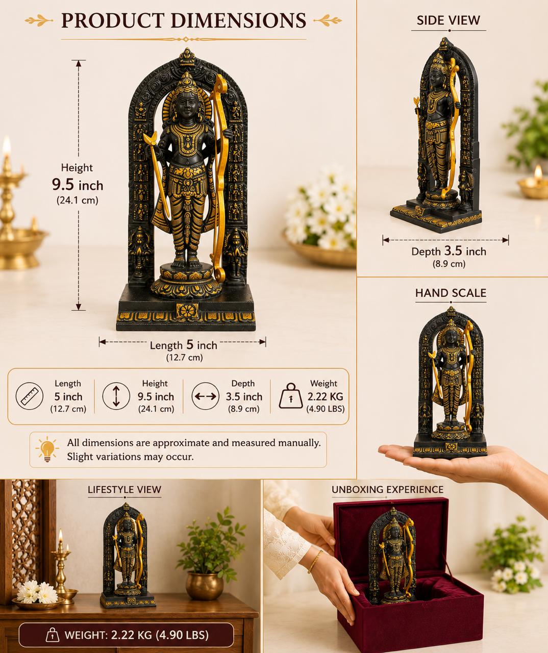 Ram Lalla Idol for Home Temple | Premium Lord Rama Statue in Brass in Black & Gold Finish