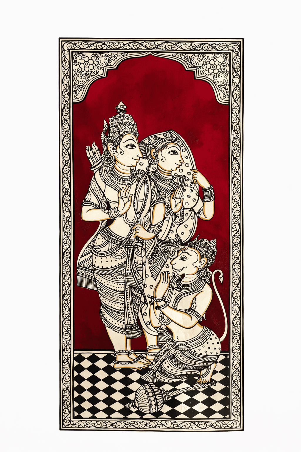 Lord Ram, Sita and Hanuman in Pattachitra Painting – By a National Awardee (Unframed)