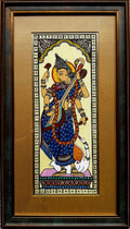 Goddess Saraswati with Veena - Pattachitra Painting by a National Awardee (Framed)