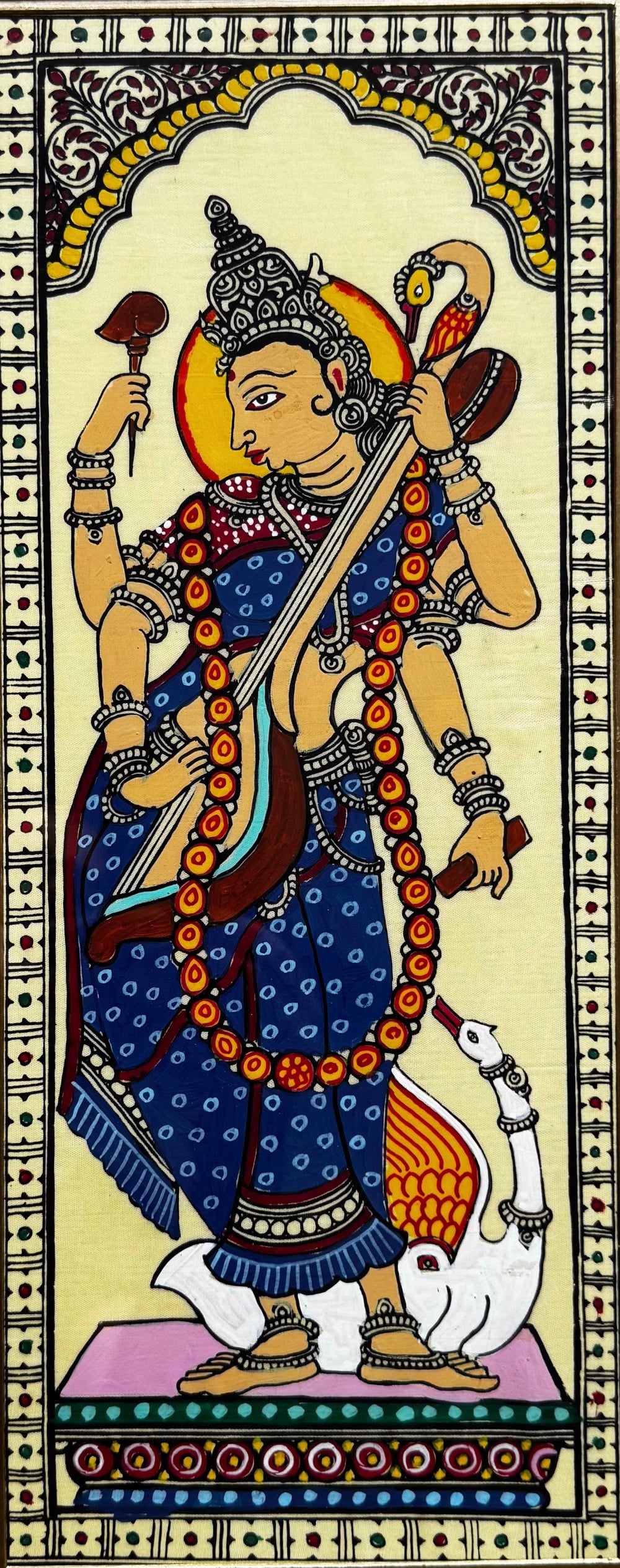 Goddess Saraswati with Veena - Pattachitra Painting by a National Awardee (Unframed)