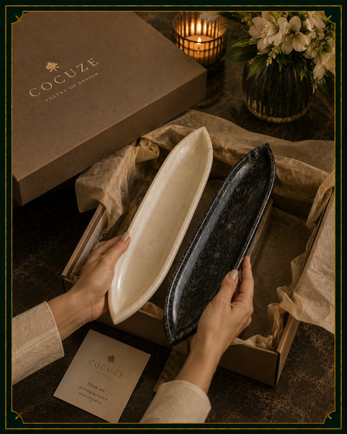 Set of Two Multipurpose Marble Slim Trays for Hosting