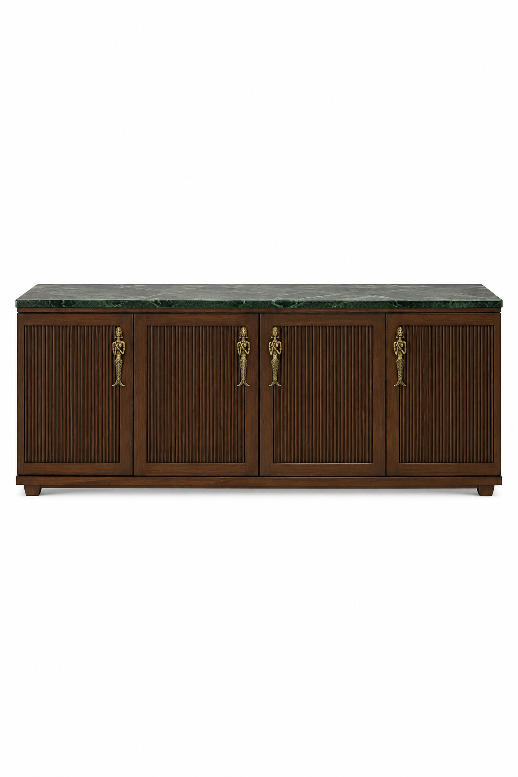 Tribal Fluted Wooden Console with Brass Figurine Handles