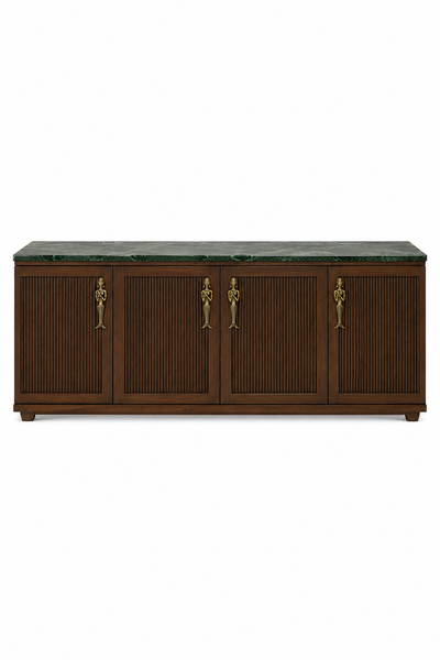 Tribal Fluted Wooden Console with Brass Figurine Handles