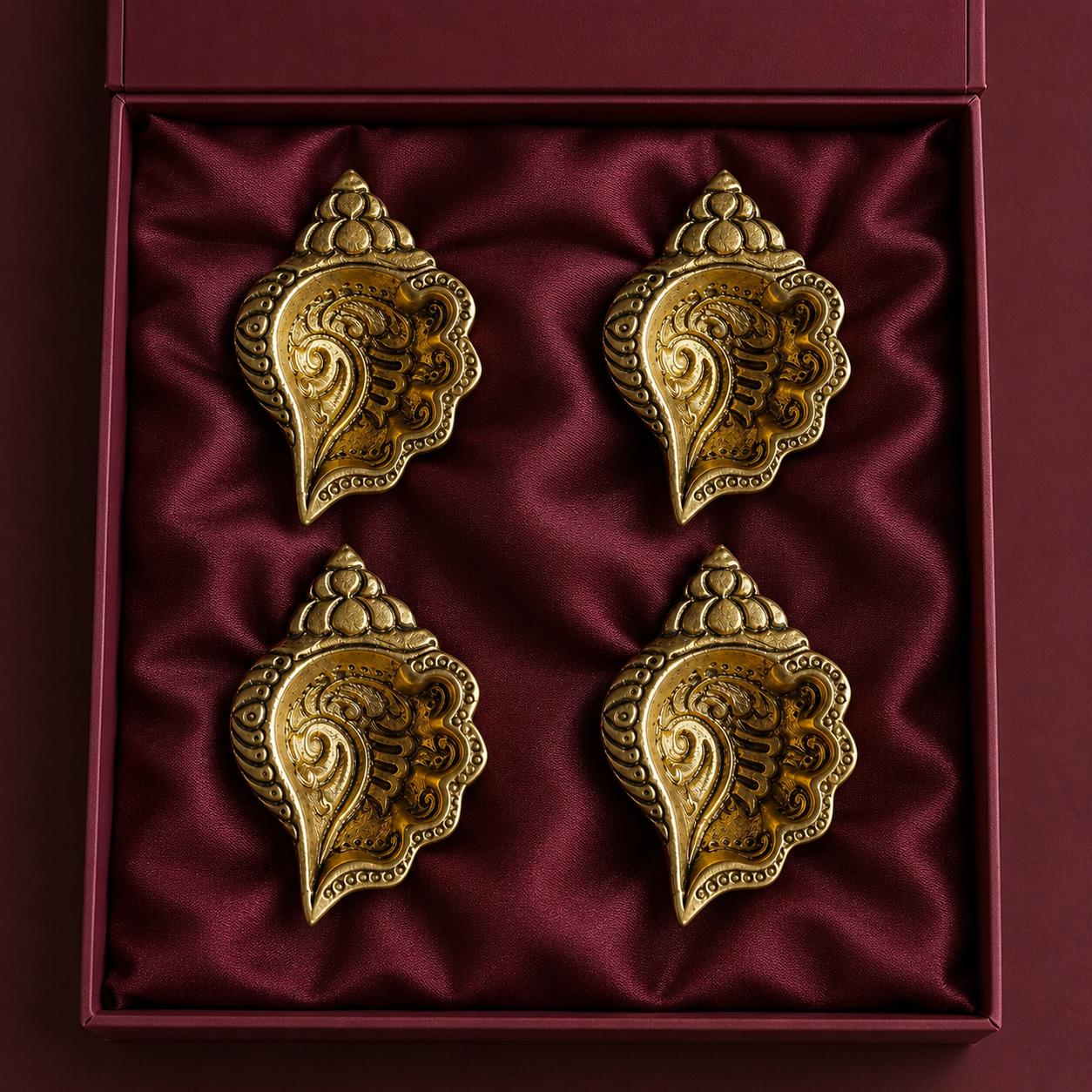Heirloom Carved Brass Shankh Diya Set | Arrives in Gift Box
