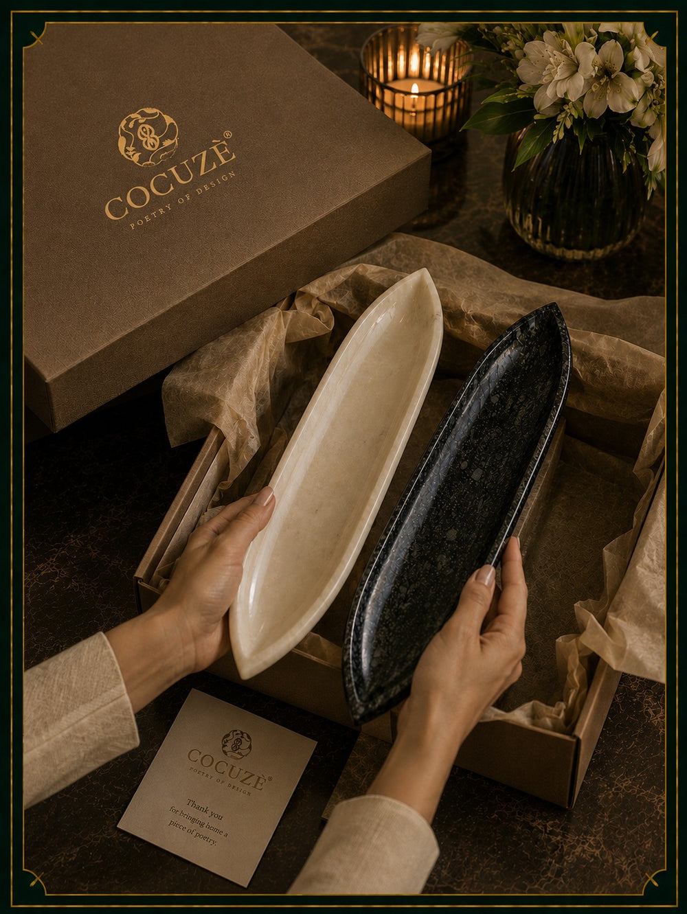 Set of Two Multipurpose Marble Slim Trays for Hosting